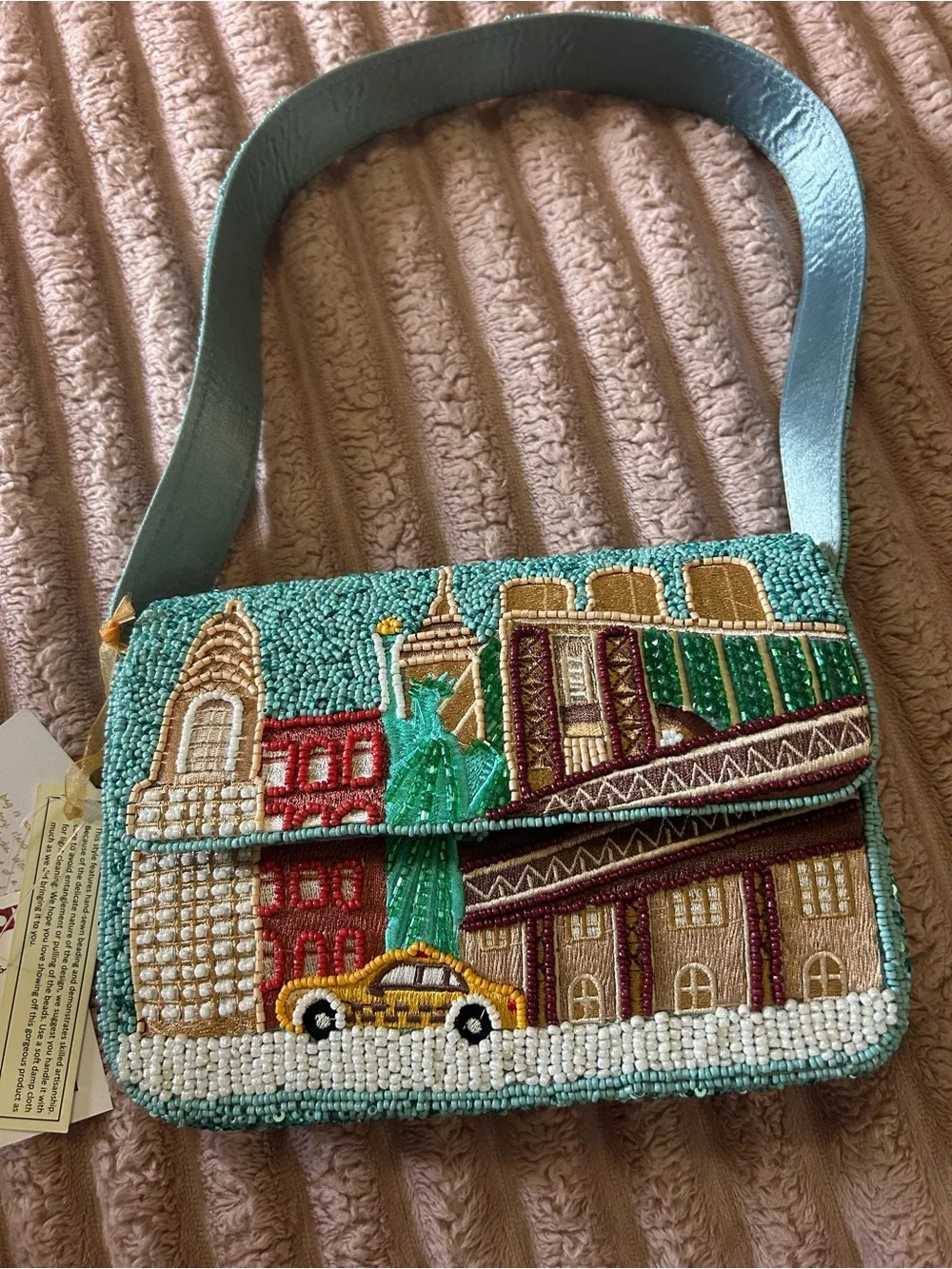 Beaded Cityscape Crossbody Bag in Teal